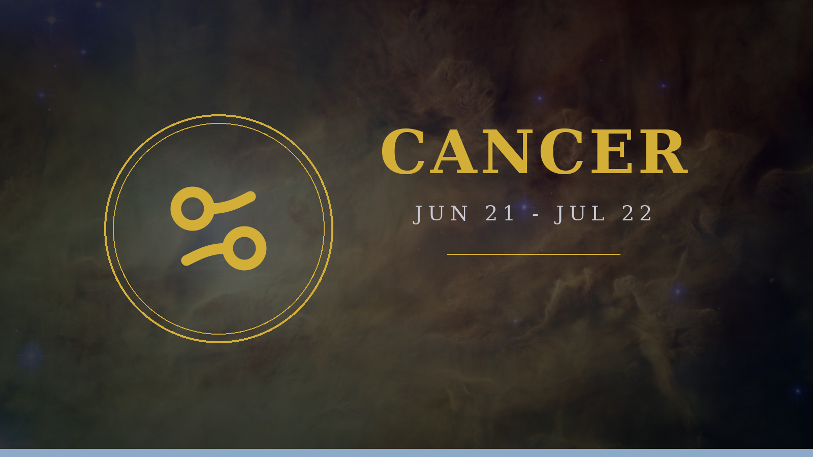 Cancer zodiac sign: Crab glyph on deep navy cosmic background with gold typography