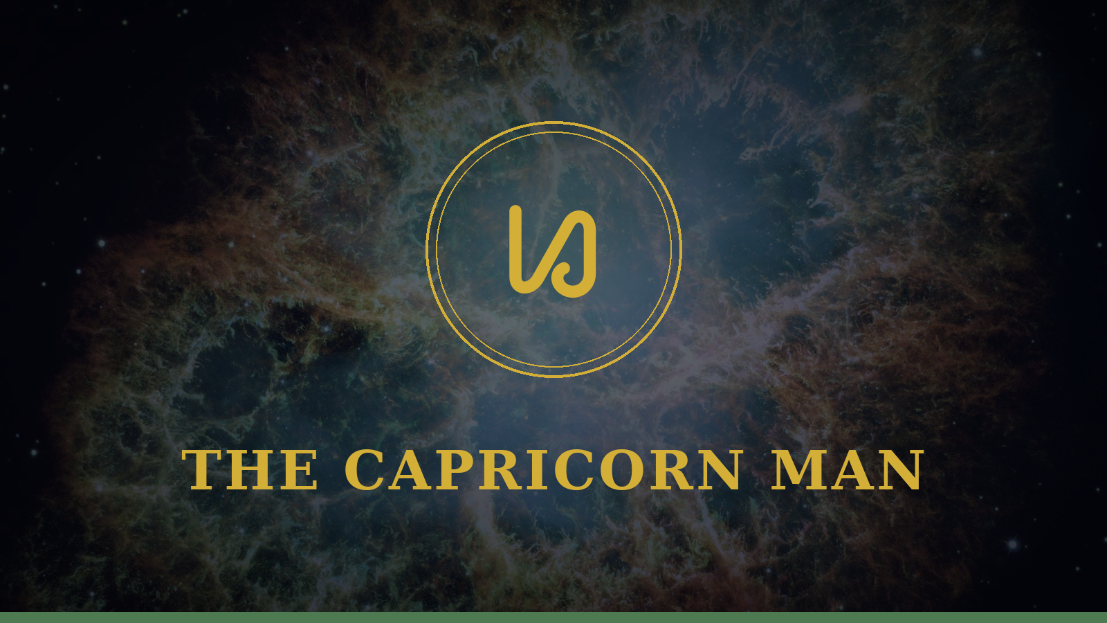The Capricorn Man gold zodiac emblem on a deep navy cosmic background