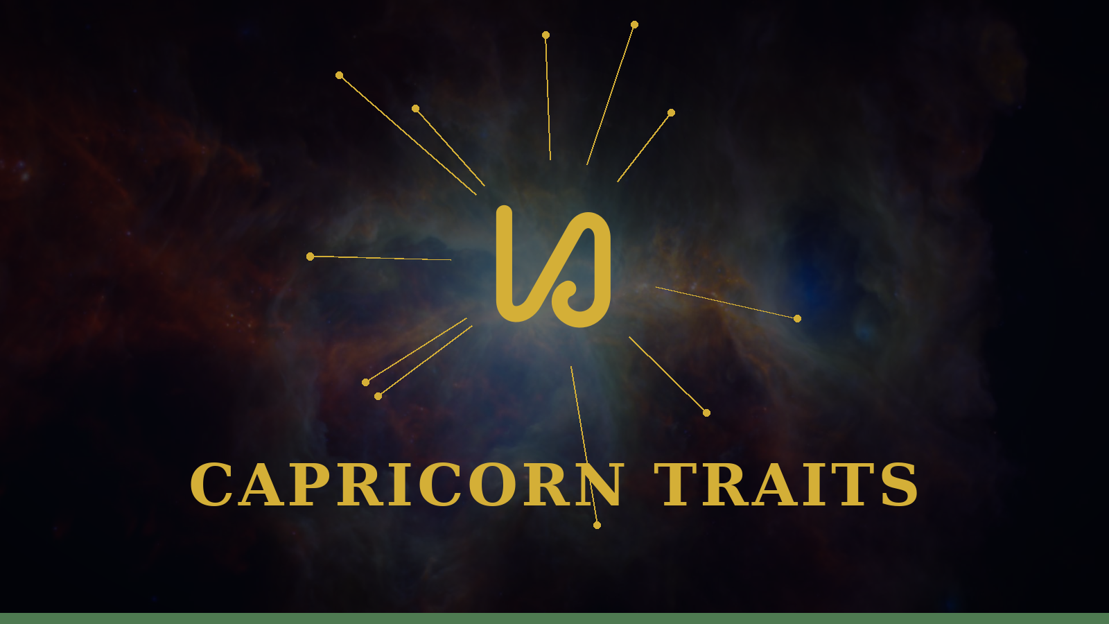 Capricorn personality traits gold glyph with constellation rays on navy background