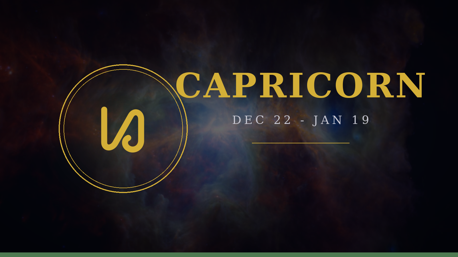 Capricorn zodiac sign gold glyph medallion on a deep navy cosmic background