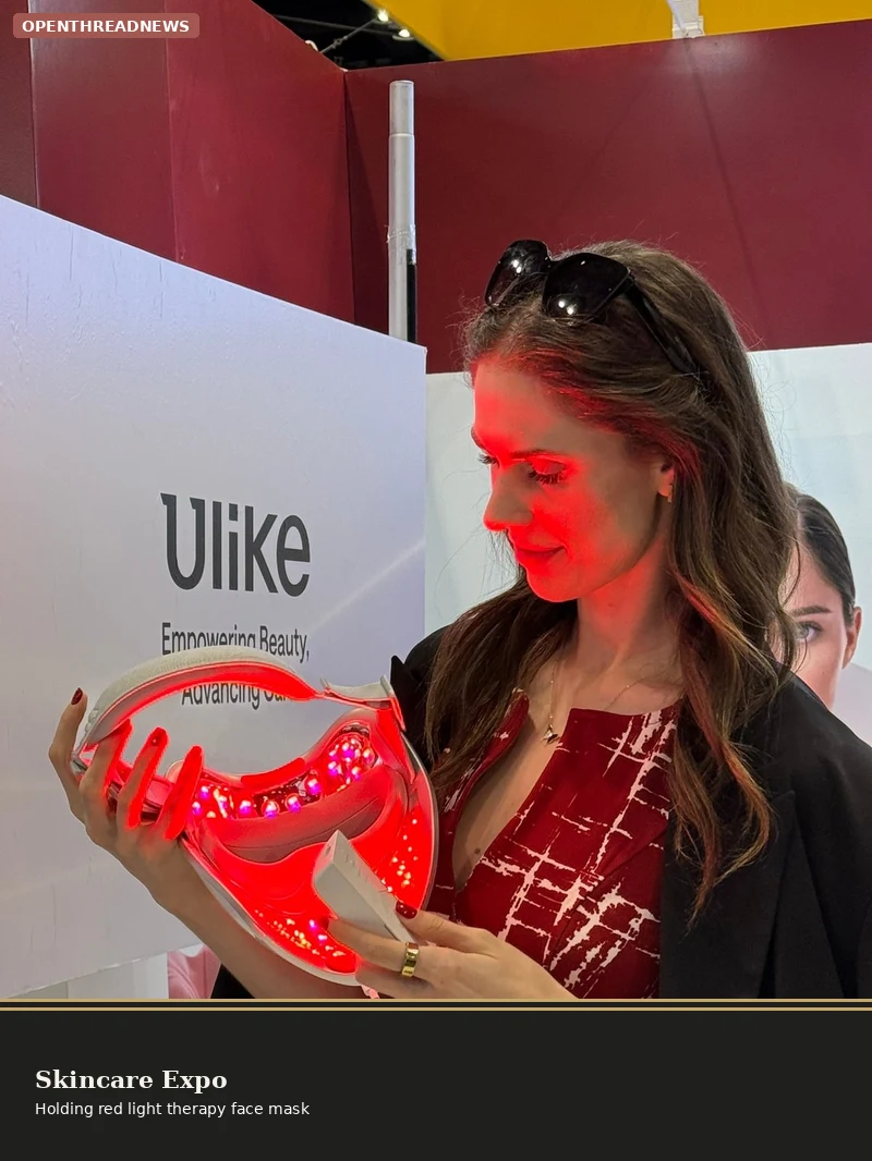 Cassandra Bankson holding a red light therapy mask at a skincare expo