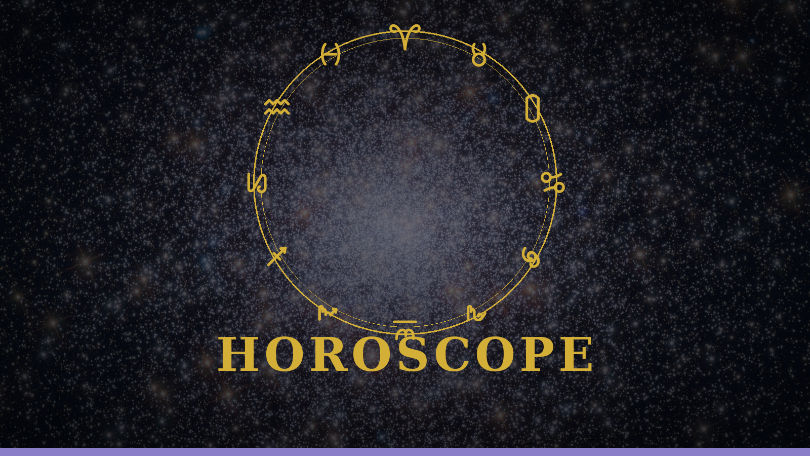 Daily horoscope guide with all twelve zodiac glyphs in a gold ring on a cosmic navy background