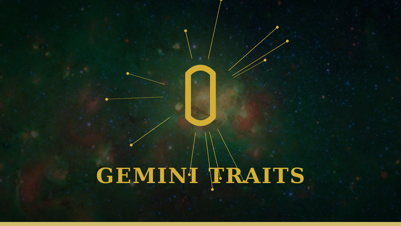Gemini personality traits: Twins glyph with constellation details on cosmic background