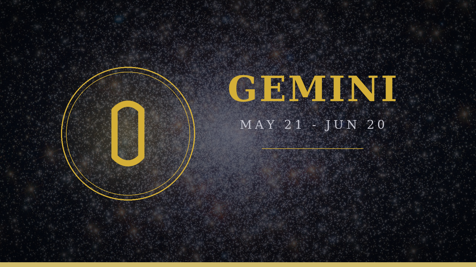 Gemini zodiac sign: Twins glyph on deep navy cosmic background with gold typography