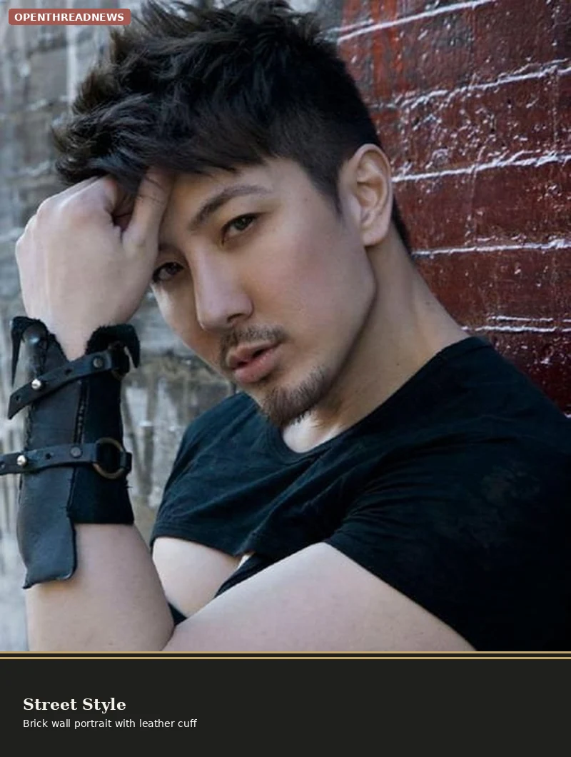 Guy Tang street style portrait against a brick wall
