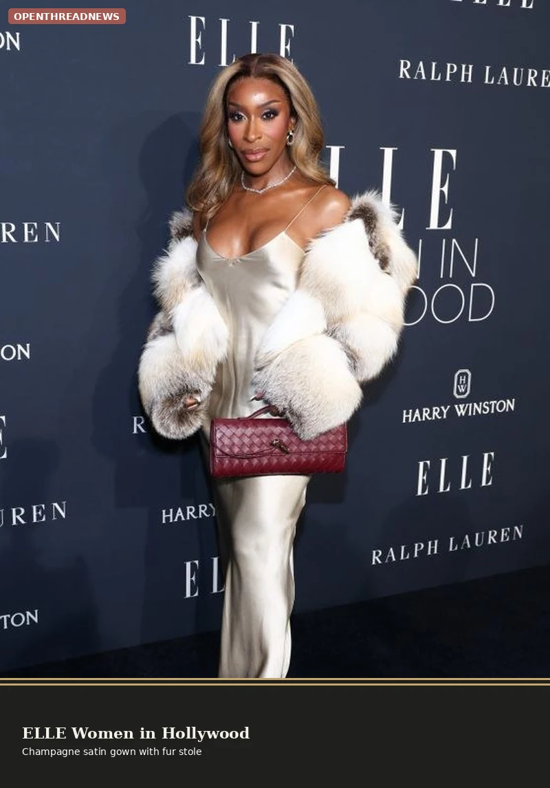 Jackie Aina at the ELLE Women in Hollywood 2024 event, wearing a champagne satin slip gown with a white fur stole and a burgundy woven clutch