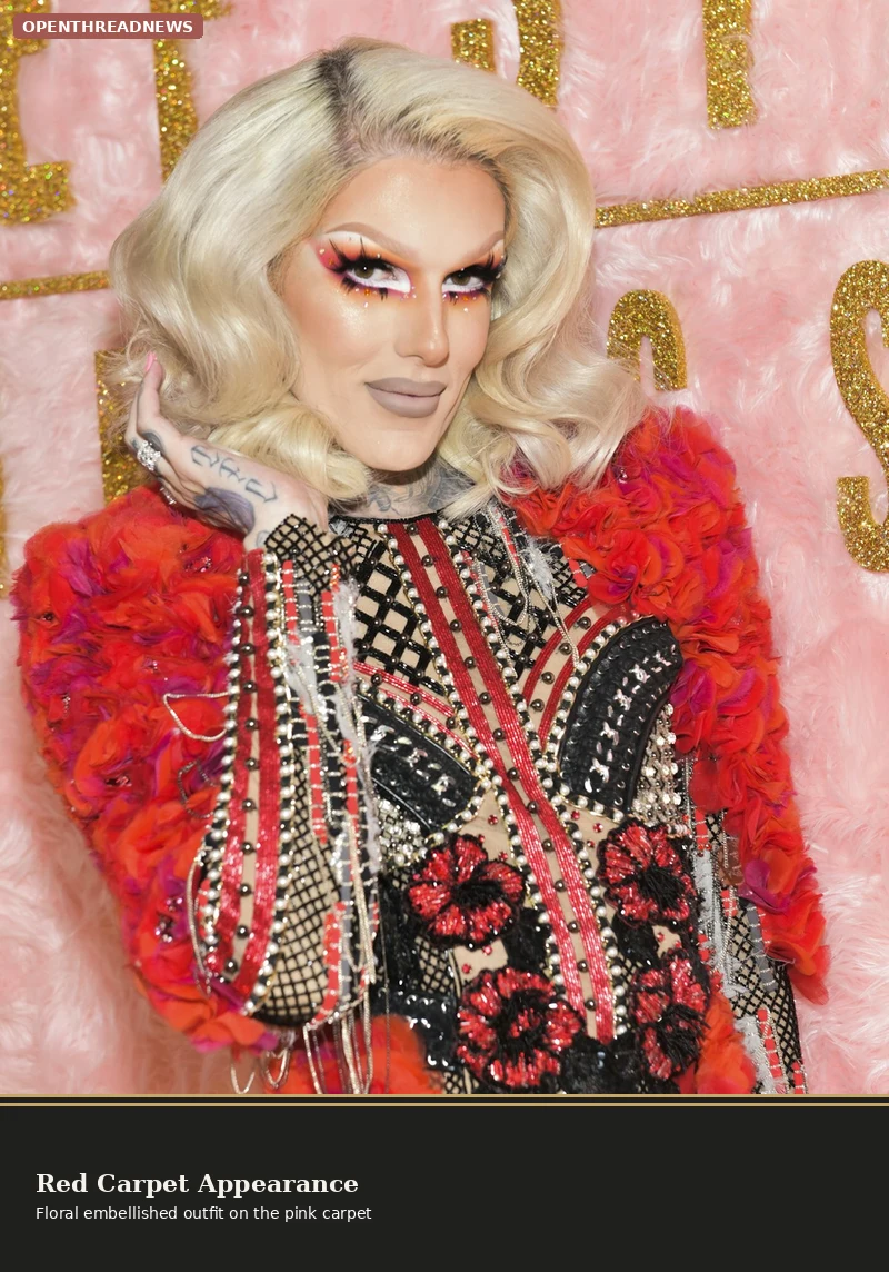 Jeffree Star on a pink carpet in a red floral embellished outfit with a blonde bob and dramatic eye makeup