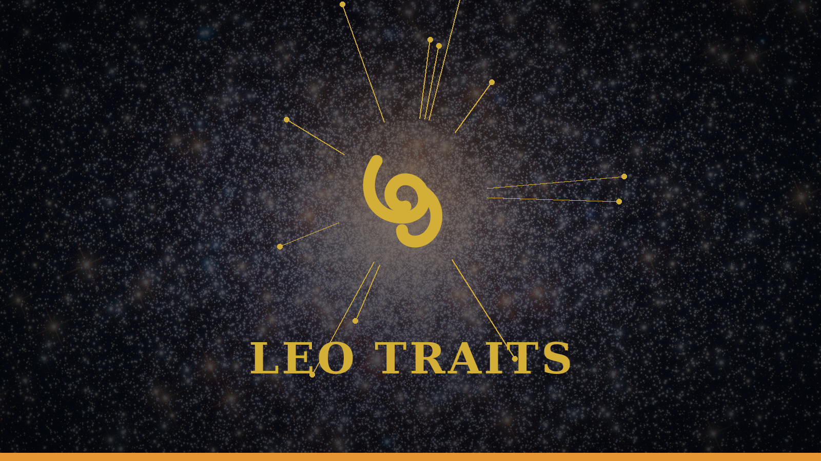 Leo personality traits: Lion glyph with constellation details on cosmic background