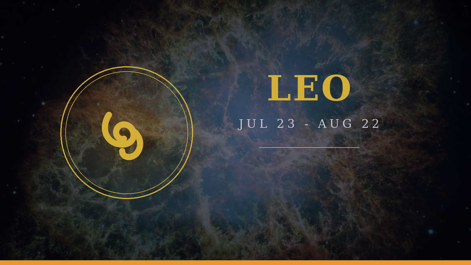 Leo zodiac sign: Lion glyph on deep navy cosmic background with gold typography