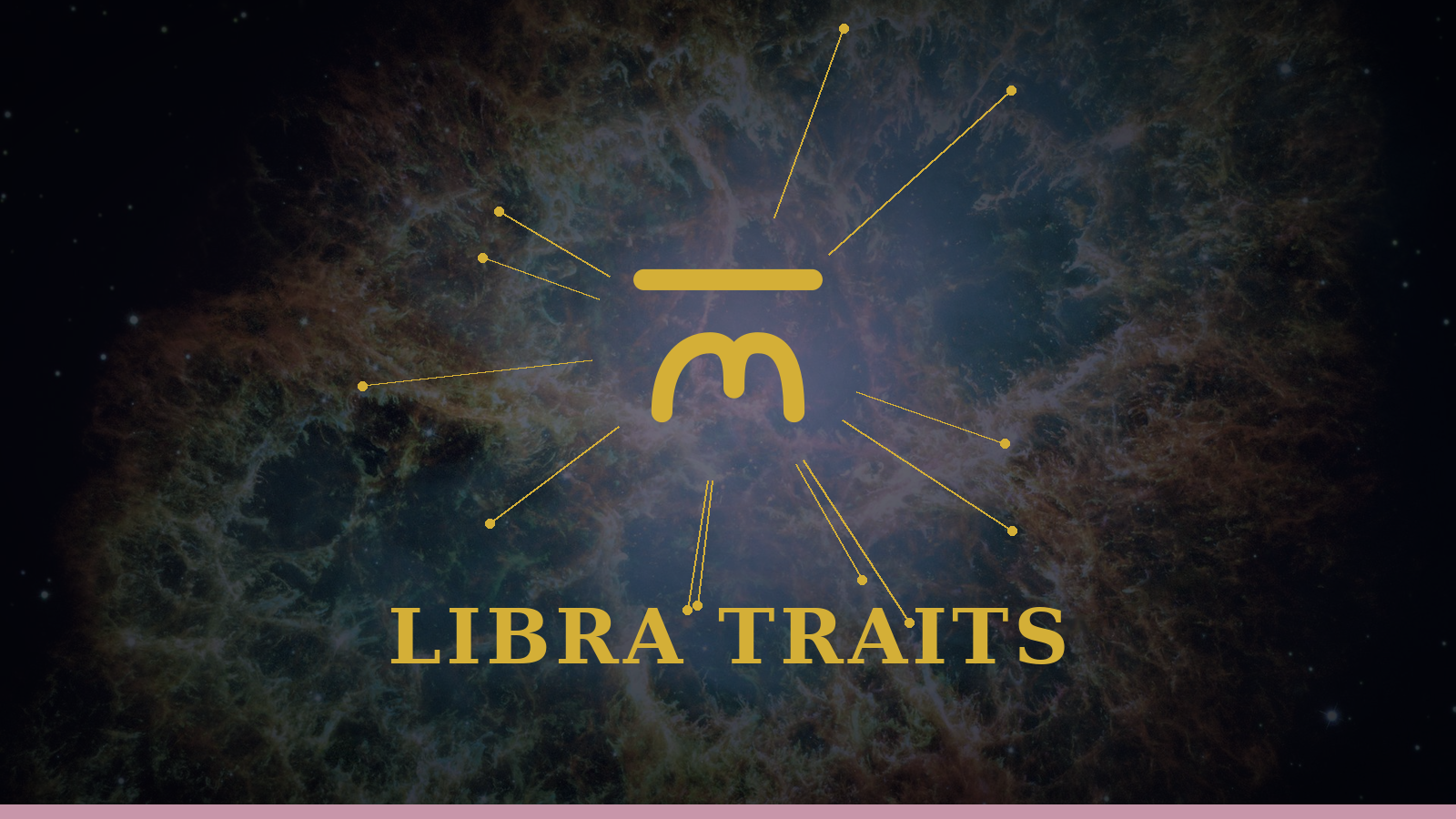 Libra personality traits: Scales glyph with constellation details on cosmic background