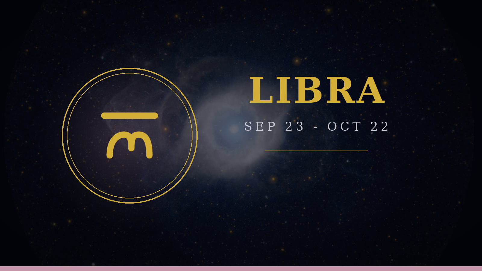 Libra zodiac sign: Scales glyph on deep navy cosmic background with gold typography