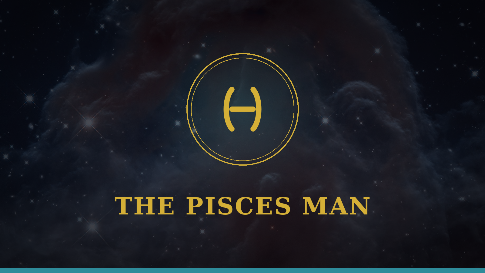 The Pisces Man gold zodiac emblem on a deep navy cosmic background