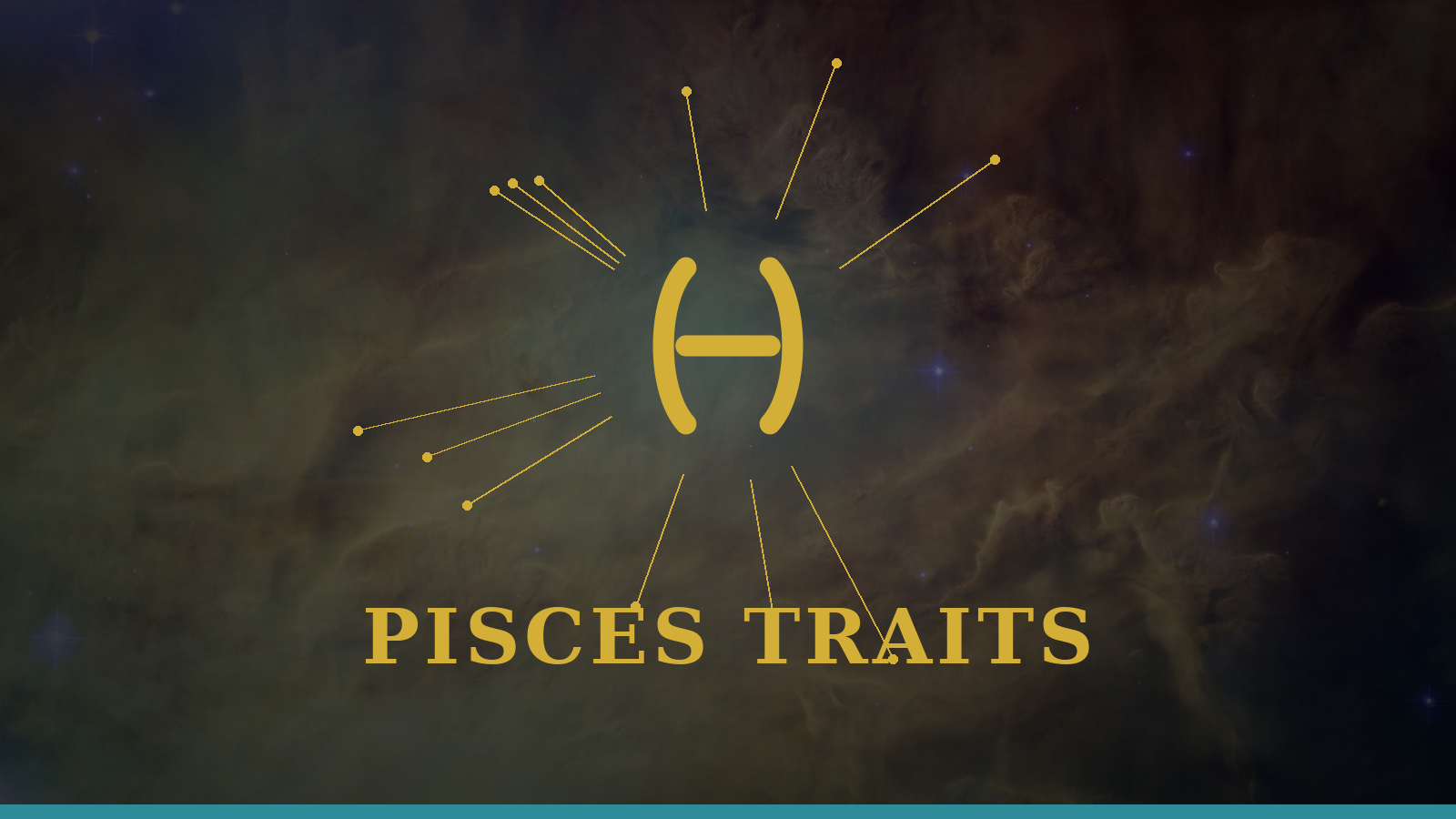 Pisces personality traits gold glyph with constellation rays on navy background
