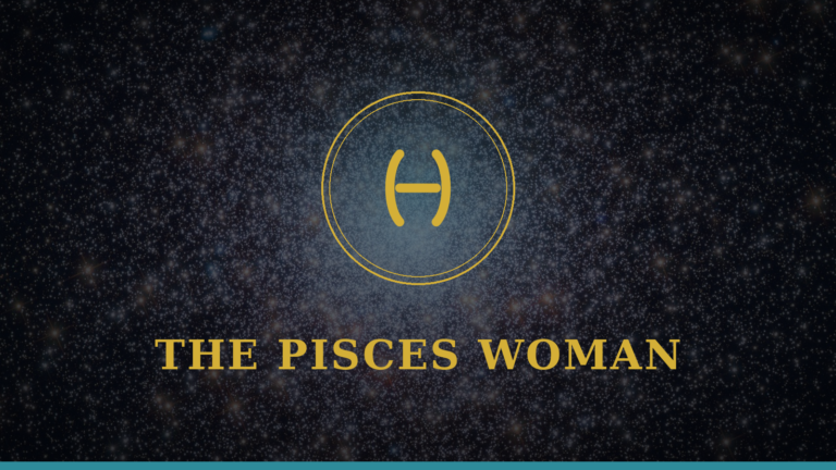 The Pisces Woman gold zodiac emblem on a deep navy cosmic background
