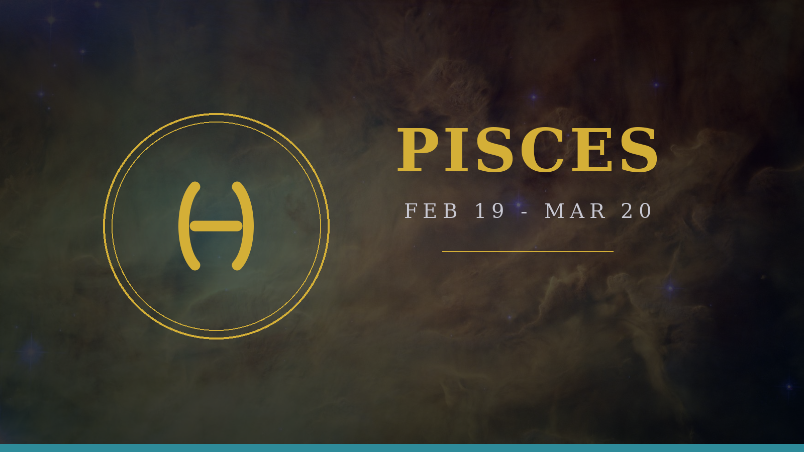 Pisces zodiac sign gold glyph medallion on a deep navy cosmic background