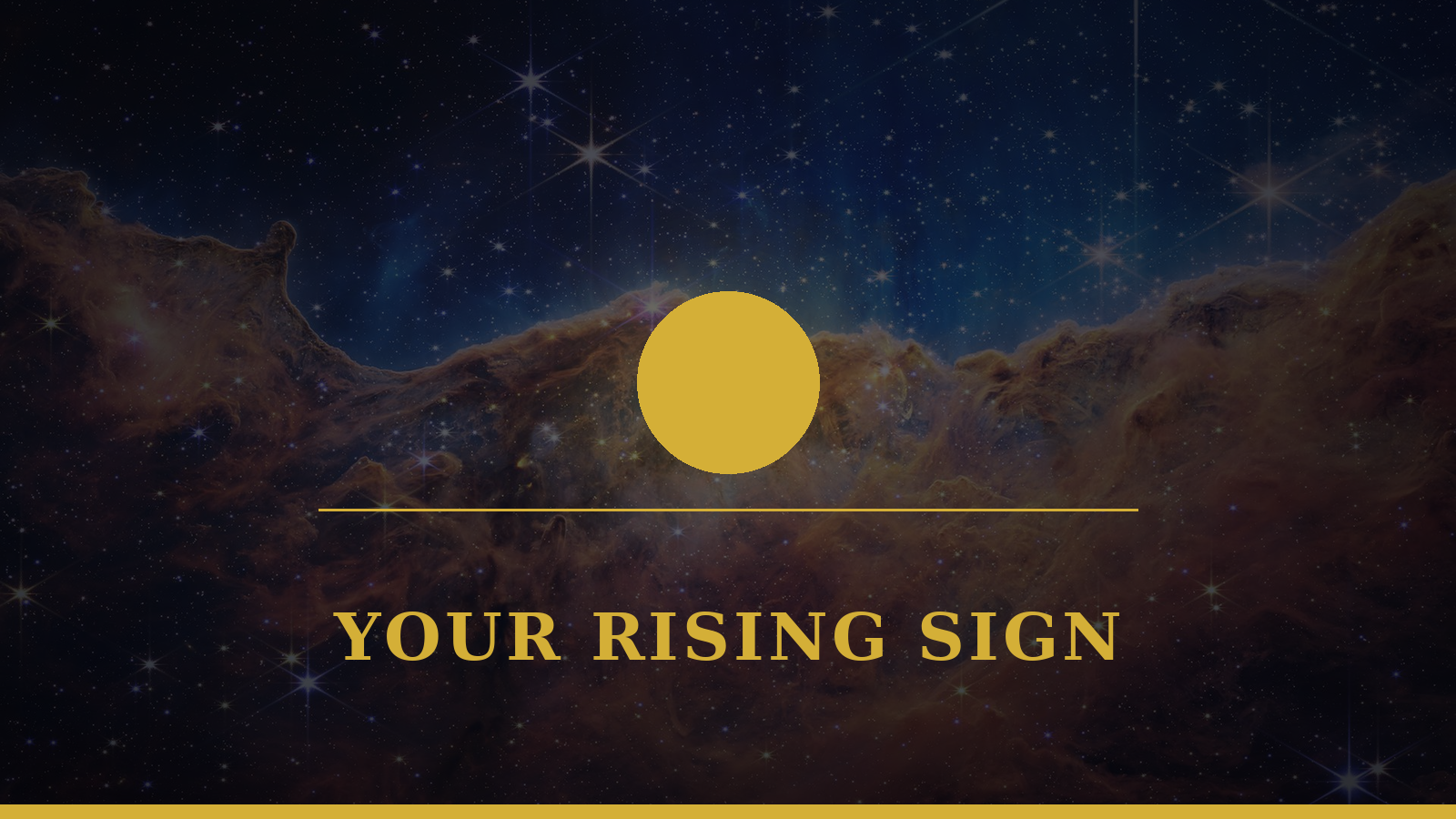 Rising sign guide with a gold sun rising over a horizon on a cosmic navy background