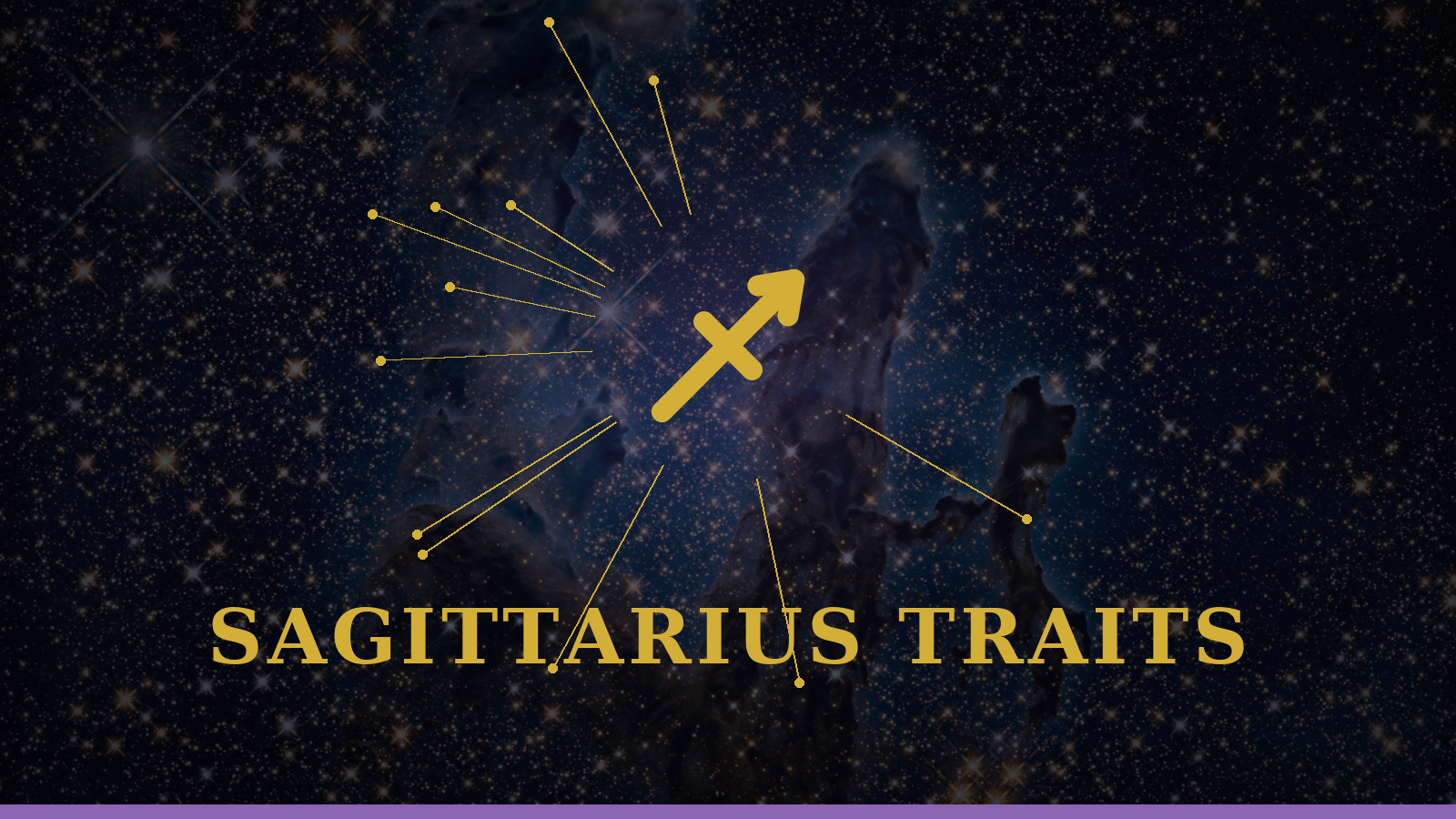 Sagittarius personality traits: Archer glyph with constellation details on cosmic background