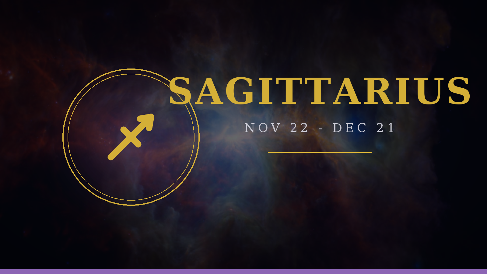 Sagittarius zodiac sign: Archer glyph on deep navy cosmic background with gold typography