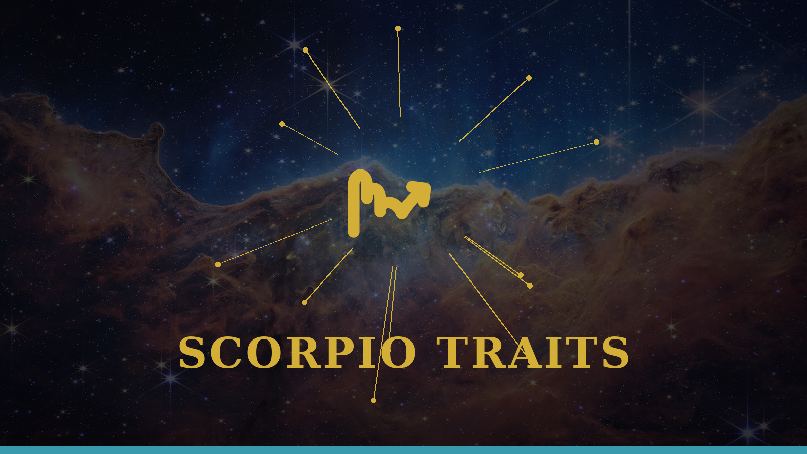 Scorpio personality traits gold glyph with constellation rays on navy background