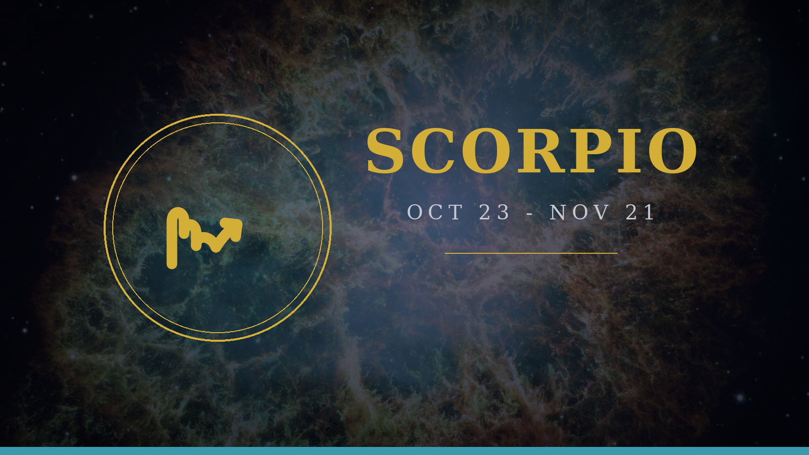 Scorpio zodiac sign gold glyph medallion on a deep navy cosmic background