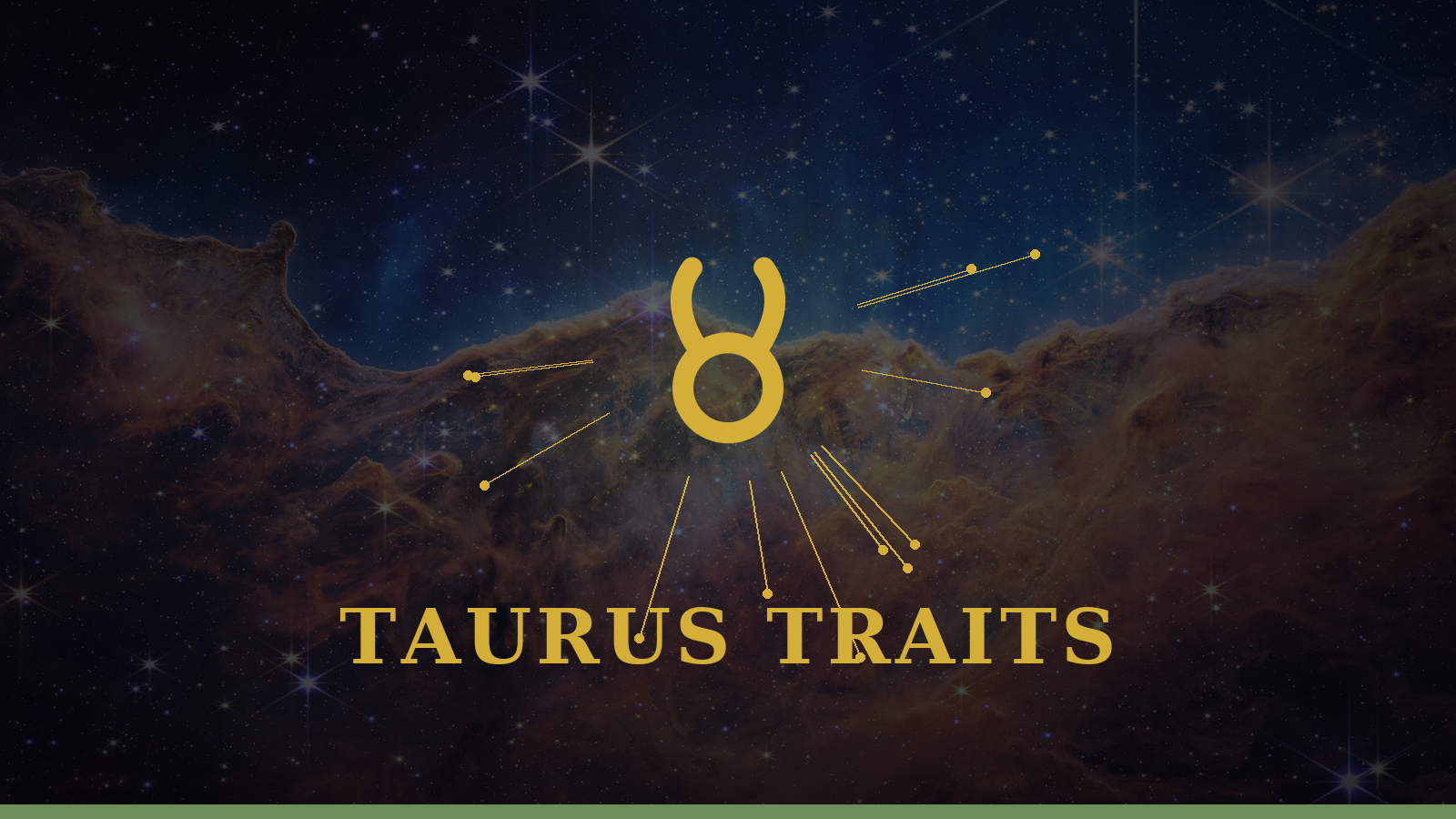 Taurus personality traits: Bull glyph with constellation details on cosmic background