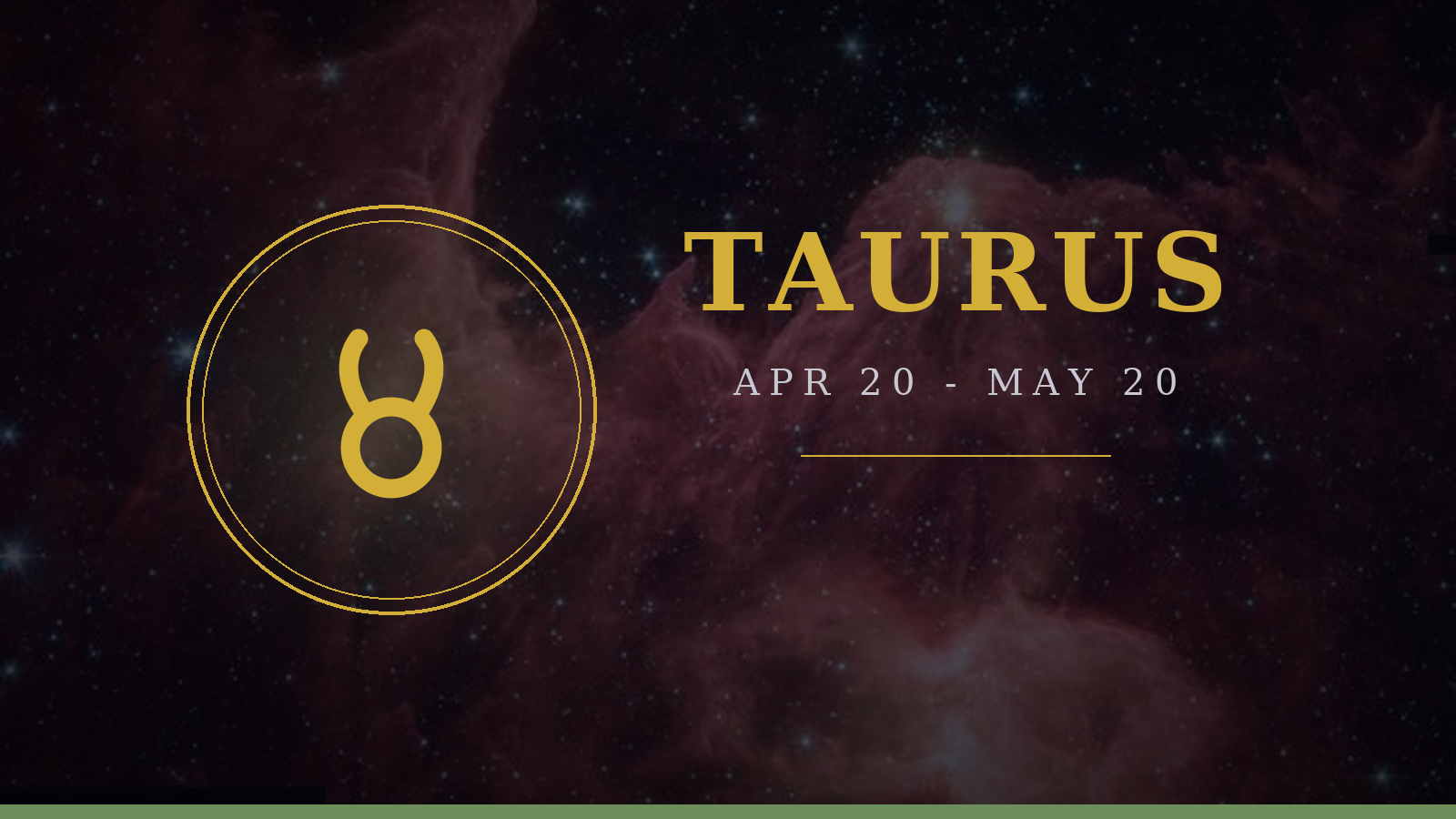 Taurus zodiac sign: Bull glyph on deep navy cosmic background with gold typography