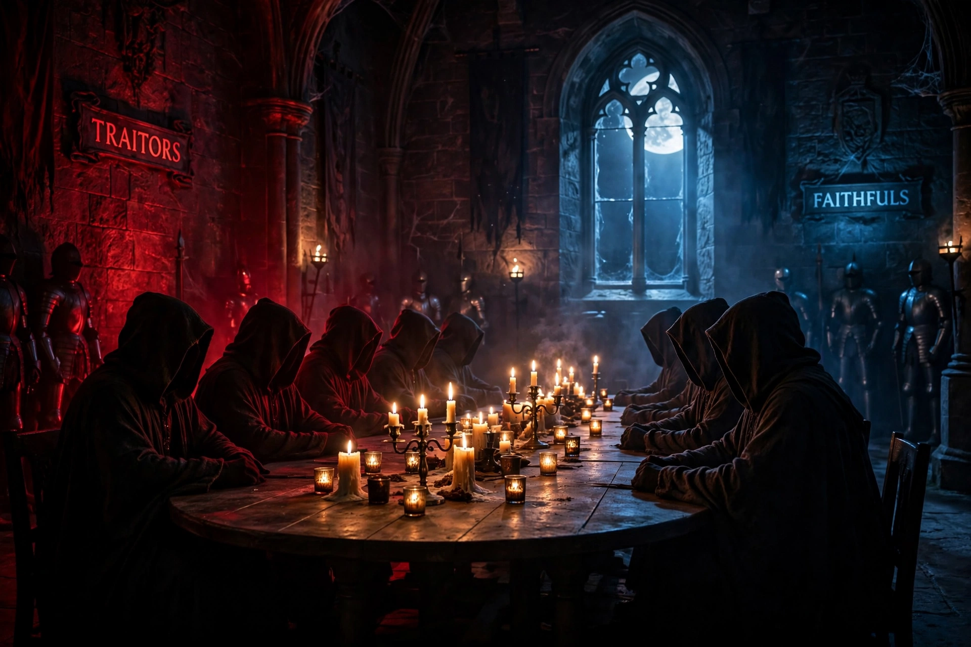 Traitors versus Faithfuls face off at the round table in The Traitors New Blood castle