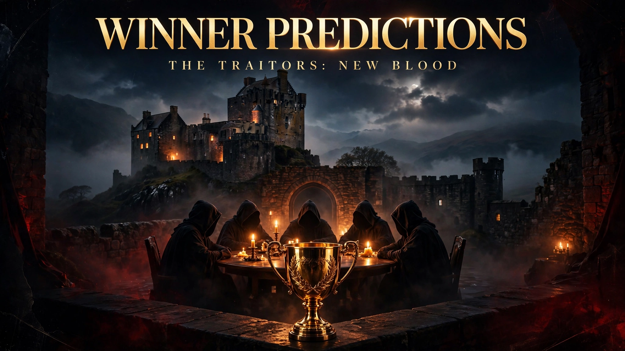 The Traitors: New Blood winner predictions graphic with Scottish castle, hooded figures at round table and golden trophy