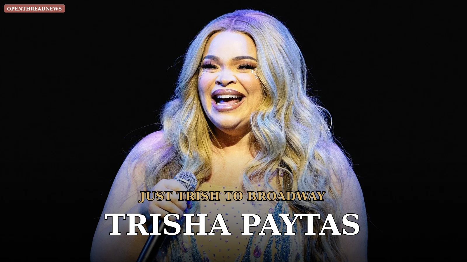 Trisha Paytas profile art: a glamorous blonde host in a sparkling pink outfit speaking into a podcast microphone, marking her path from the Just Trish podcast to Broadway