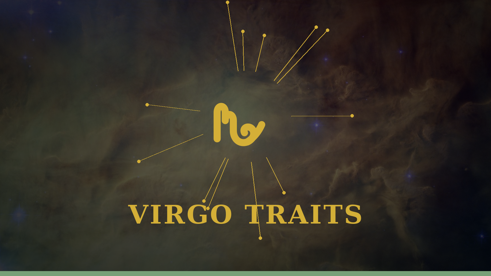 Virgo personality traits: Maiden glyph with constellation details on cosmic background