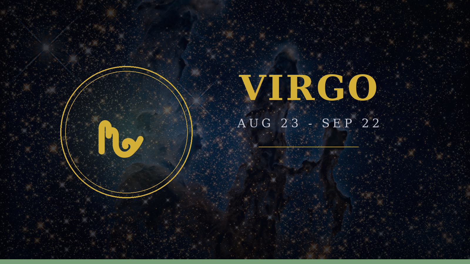 Virgo zodiac sign: Maiden glyph on deep navy cosmic background with gold typography