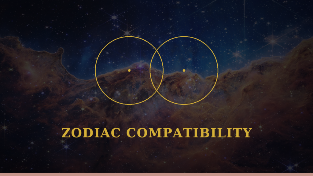 Zodiac compatibility guide with two interlocking gold rings on a cosmic navy background