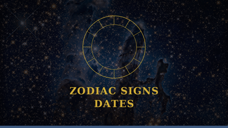 Zodiac signs and dates chart with a gold astrology wheel on a cosmic navy background