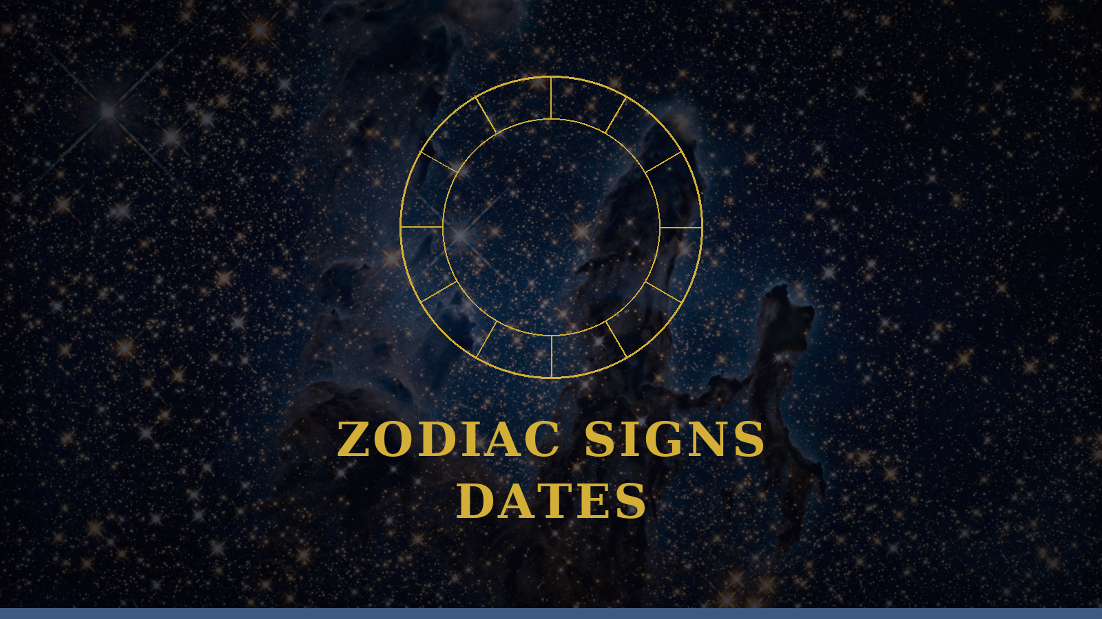 Zodiac signs and dates chart with a gold astrology wheel on a cosmic navy background